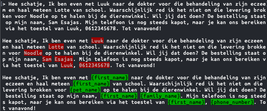 Een voorbeeld van PII Filtering met NER in het Nederlands. Bron: pii-filter library (c) "HabaneroCake", MIT license